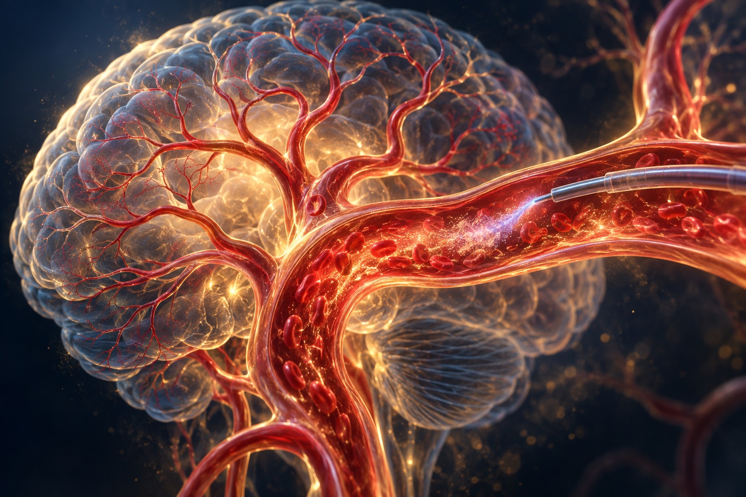 Stylized illustration of intra-arterial tenecteplase infusion after successful reperfusion in large vessel occlusion stroke