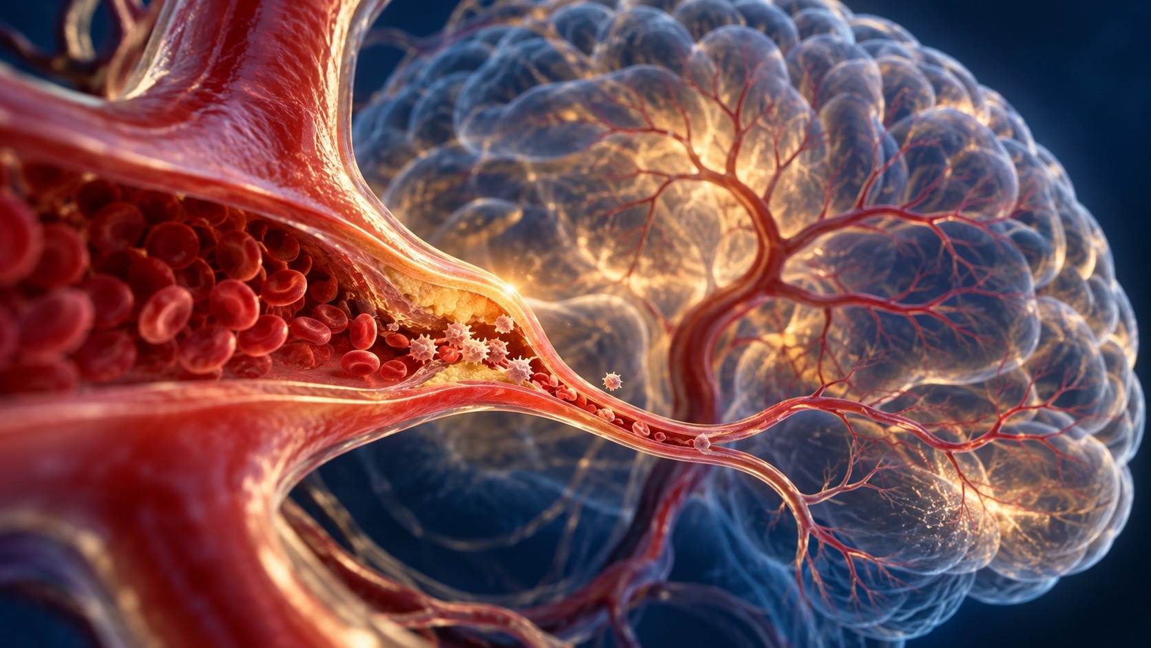 Stylized, non-anatomical editorial illustration of a small artery branching into cerebral tissue