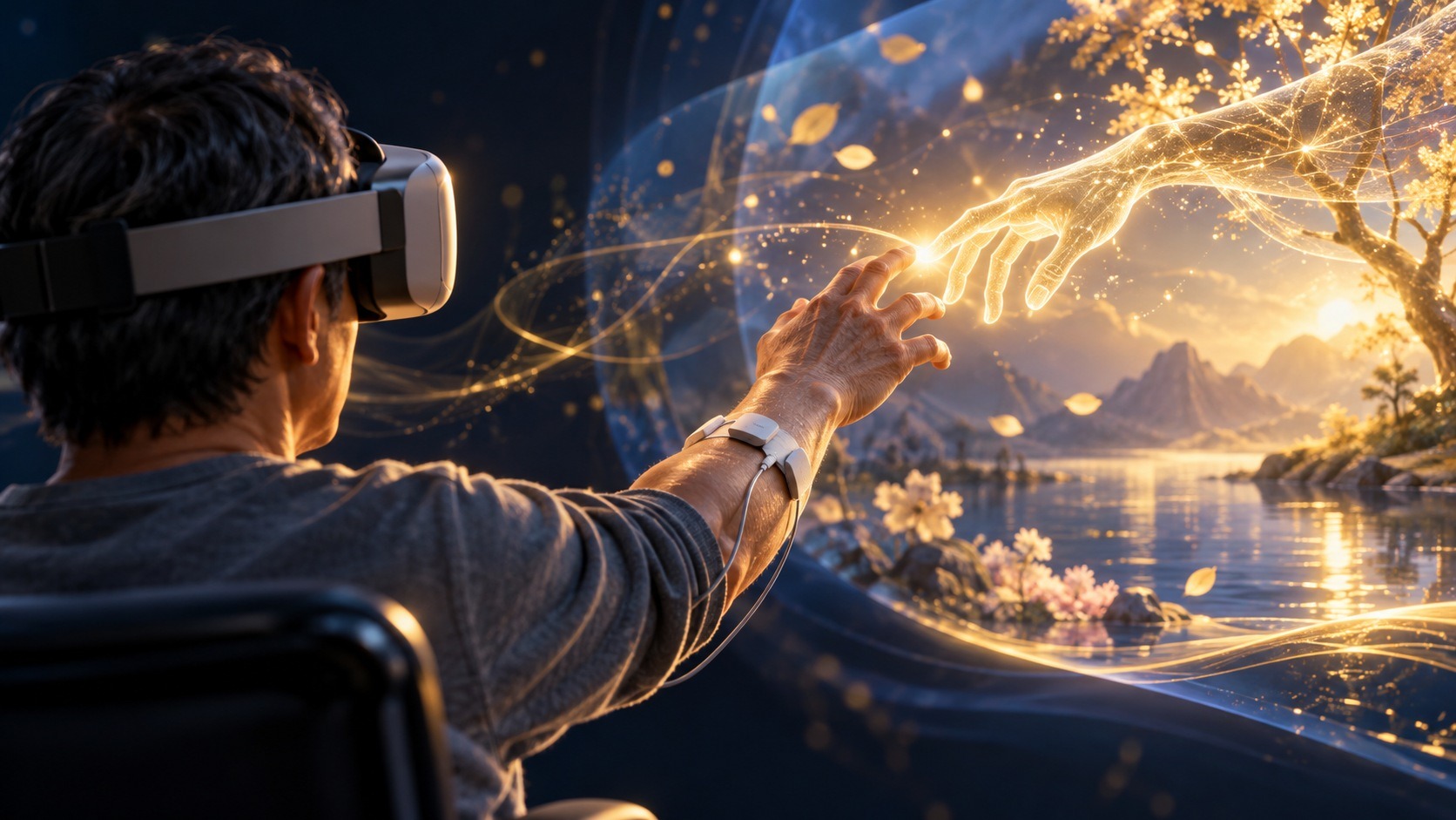Stylized illustration of virtual-reality upper-limb rehabilitation with synchronized wrist sensory feedback