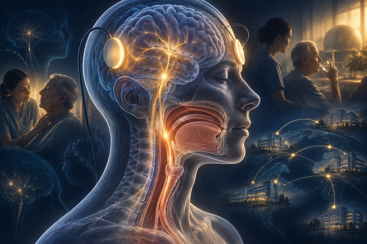 Stylized illustration of brain and swallowing pathways with paired stimulation pads