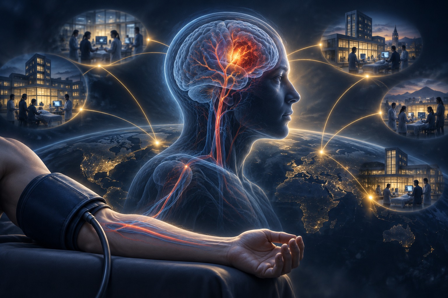 Stylized illustration of remote ischemic conditioning in acute ischemic stroke
