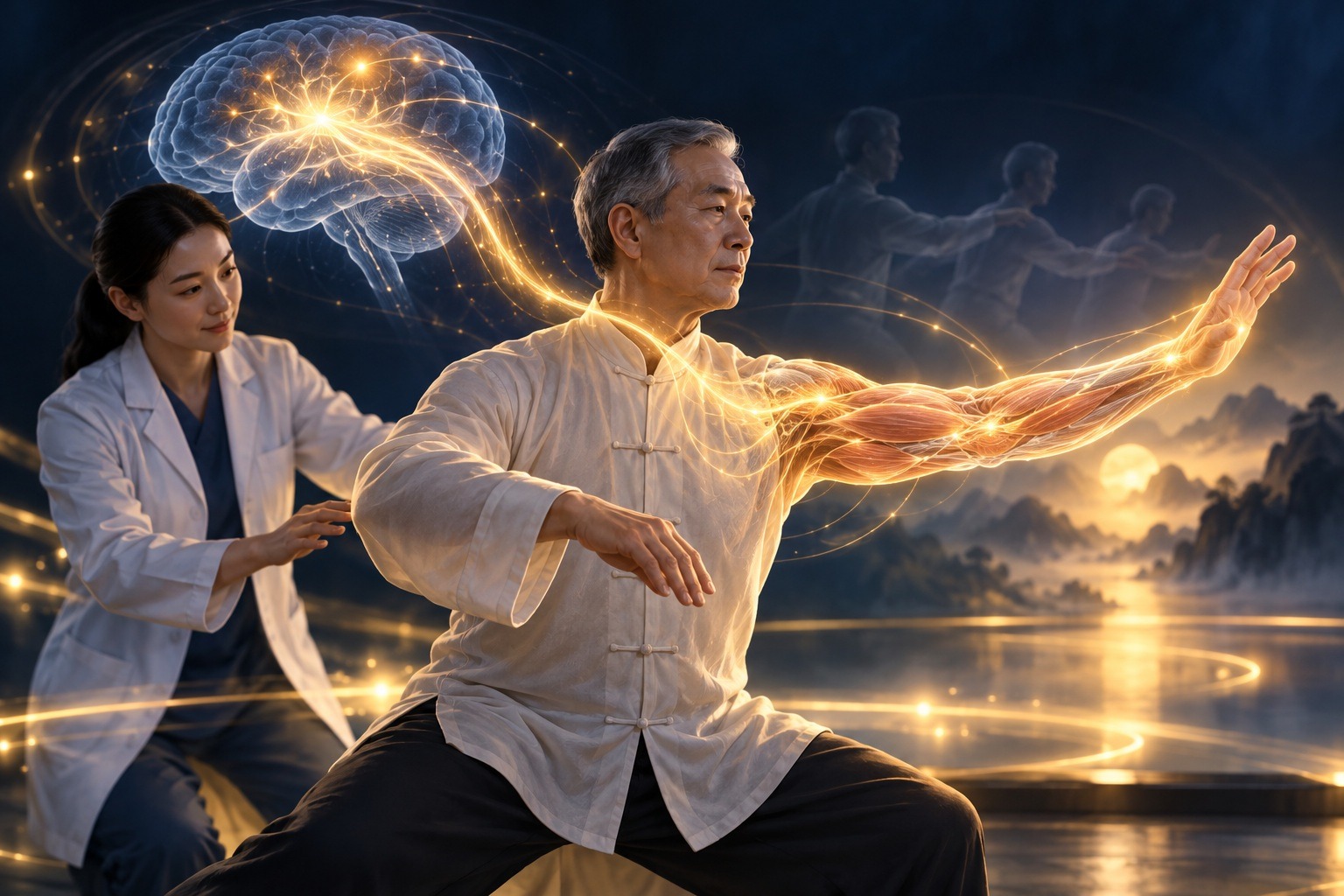 Stylized illustration of supervised Tai Ji arm rehabilitation and abstract brain–muscle connections