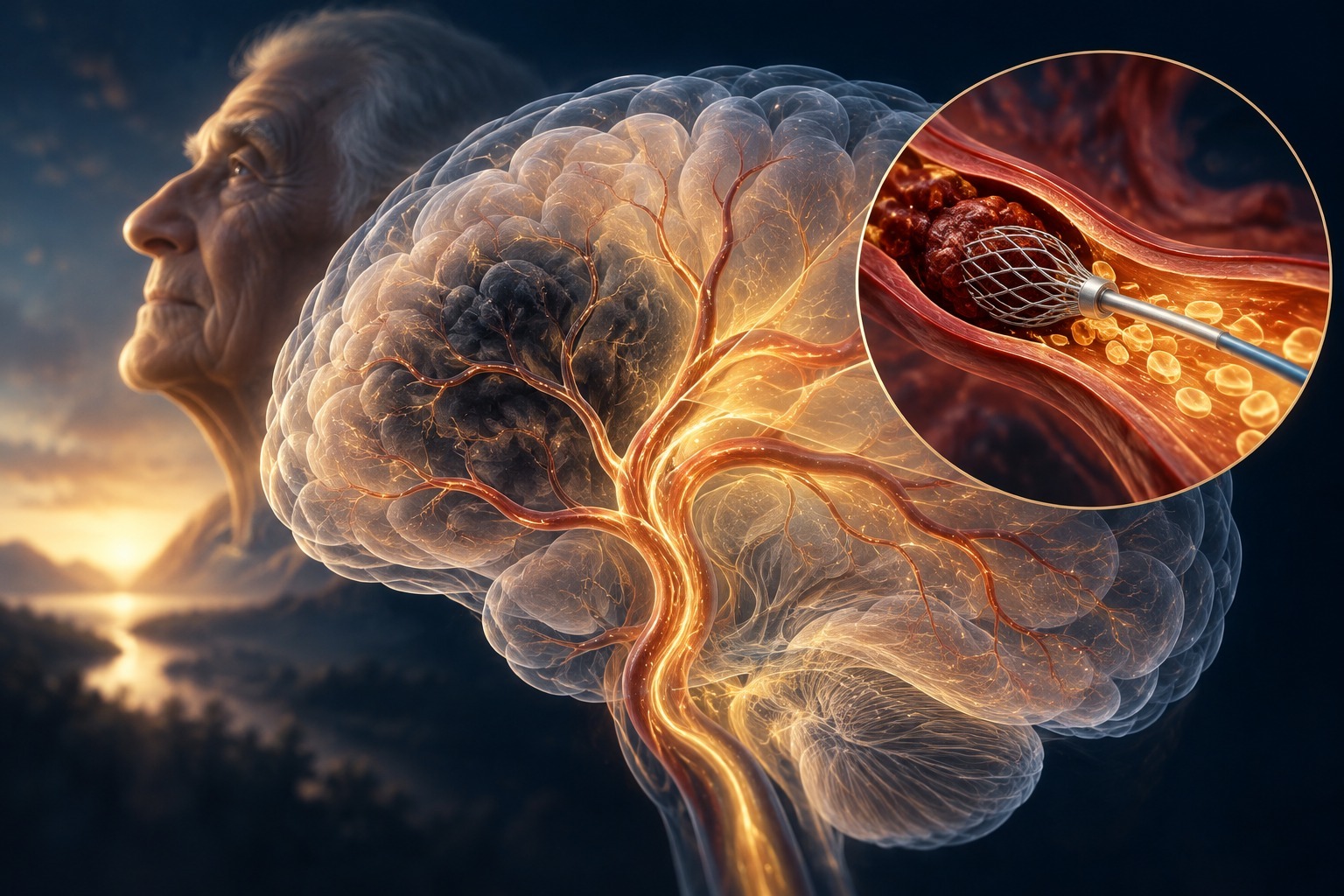 AI-generated conceptual illustration of an older adult, cerebral circulation, and a thrombectomy device