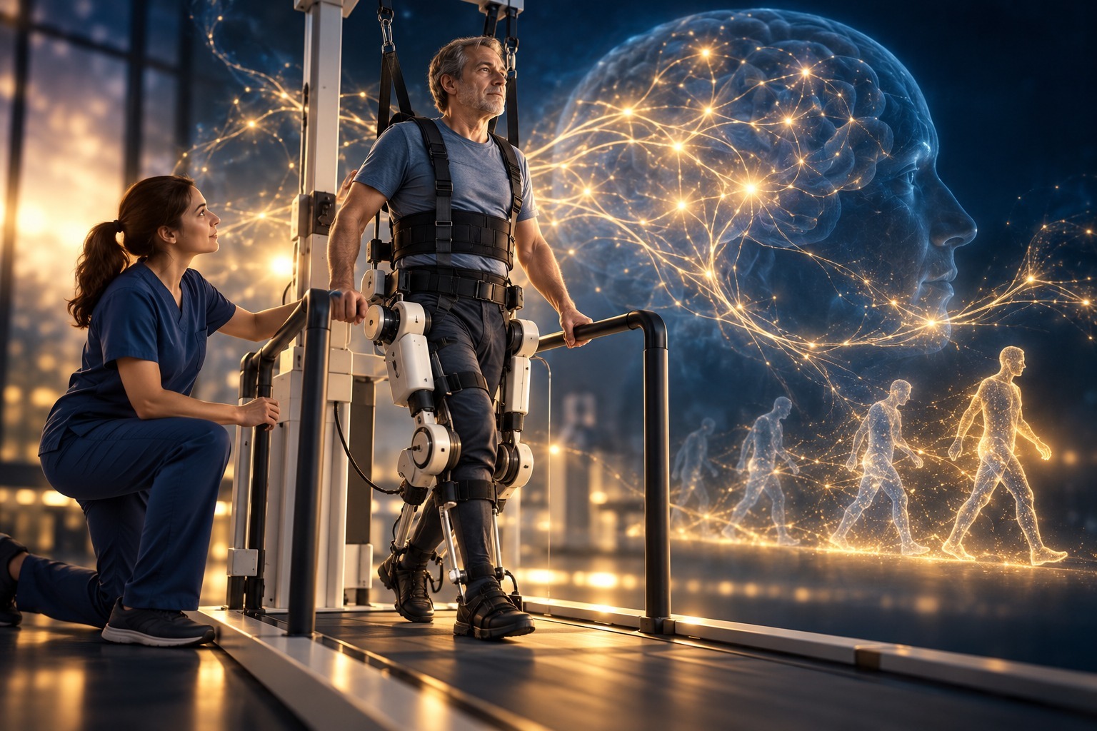 Conceptual illustration of supported walking rehabilitation after stroke, with a therapist and stylized neural pathways; not a depiction of the trial device